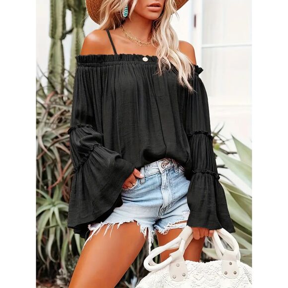 Ruched Spaghetti Strap Blouse Cold Shoulder Blouse Black Size 14 - Picture 1 of 10